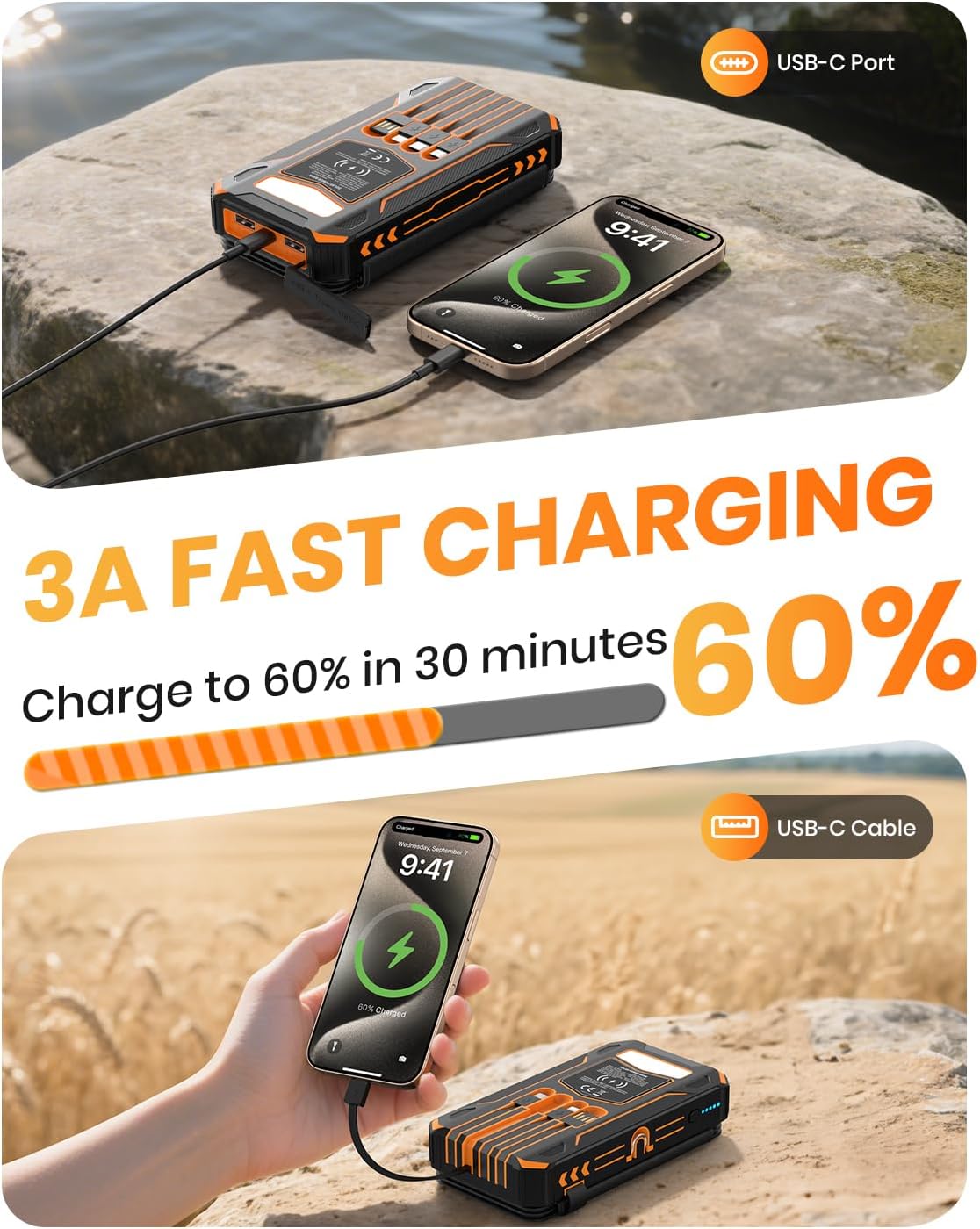Solar Charger Power Bank - 48000mAh Wireless Portable Charger Built-in 4 Cables and 4 Solar Panels, PD QC 3.0 Fast
