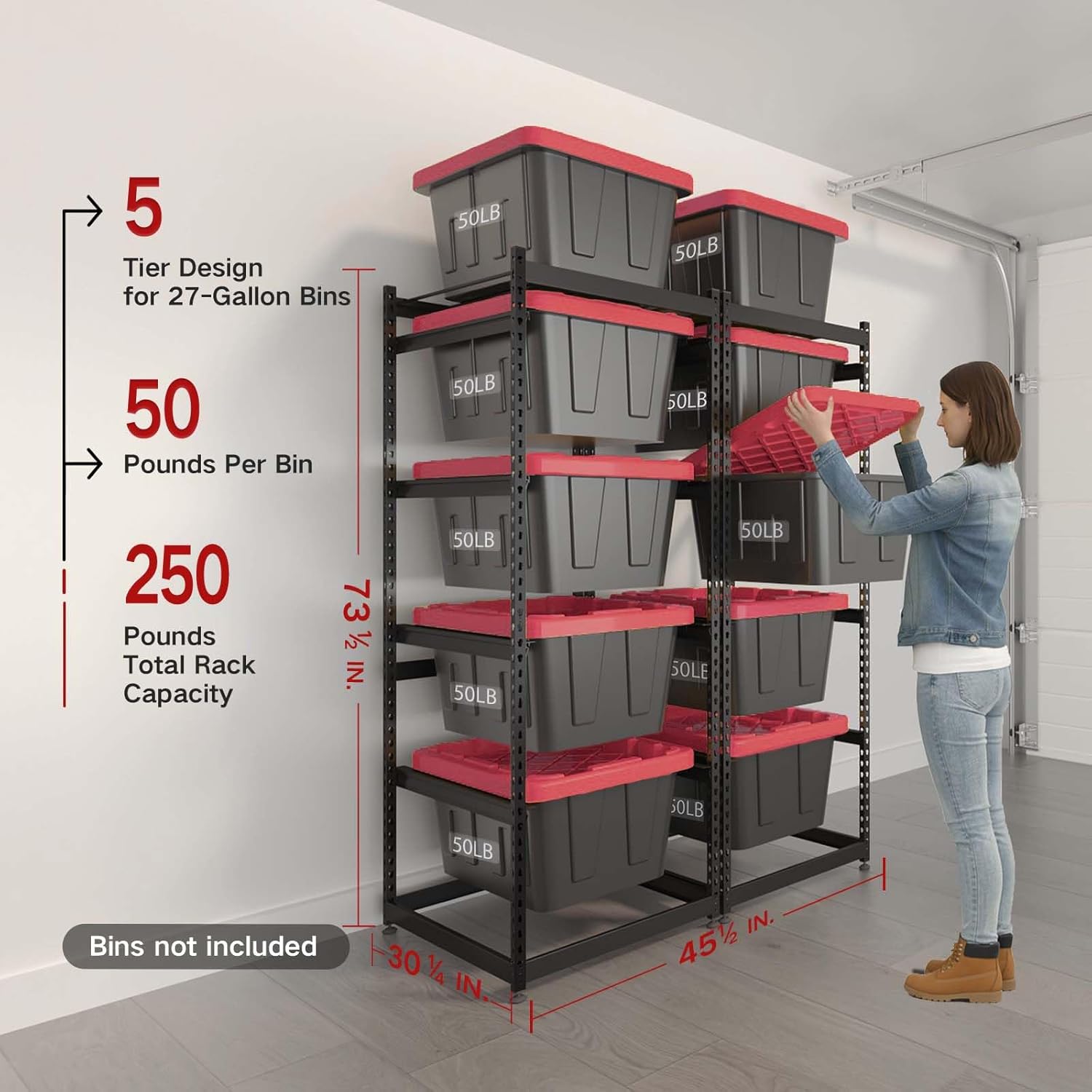 27 Gallon Storage Bin Rack Organizer, Heavy-Duty Tote Storage Rack, 5-Tier Standing Storage Bin Shelves, 250 lb