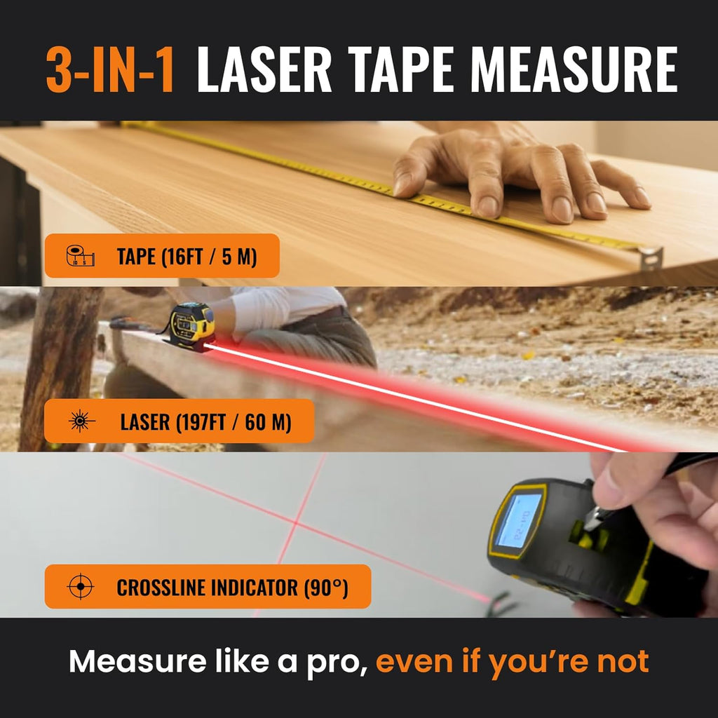 The Almighty Ruler Laser Tape Measure | Laser Distance Measurer, Heavy-Duty Tool with Cross Marking Feature, Smart