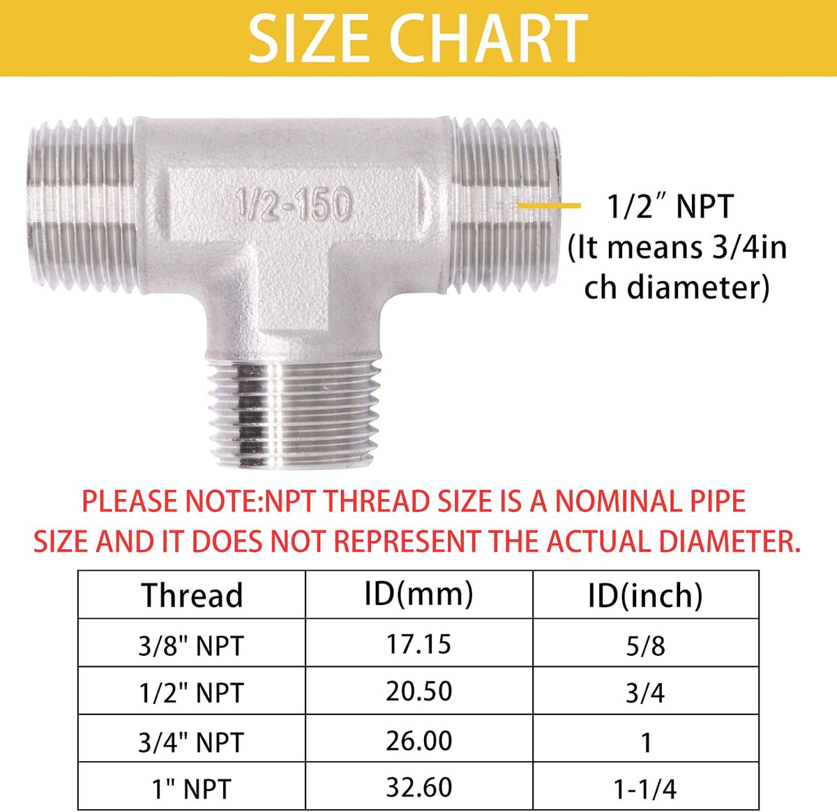 Tee Pipe Fittings 304 Stainless Steel Tee 1/2" x 1/2" x 1/2" Male NPT Thread T Shaped 3 Way Cast Pipe Fitting, 2 Pack
