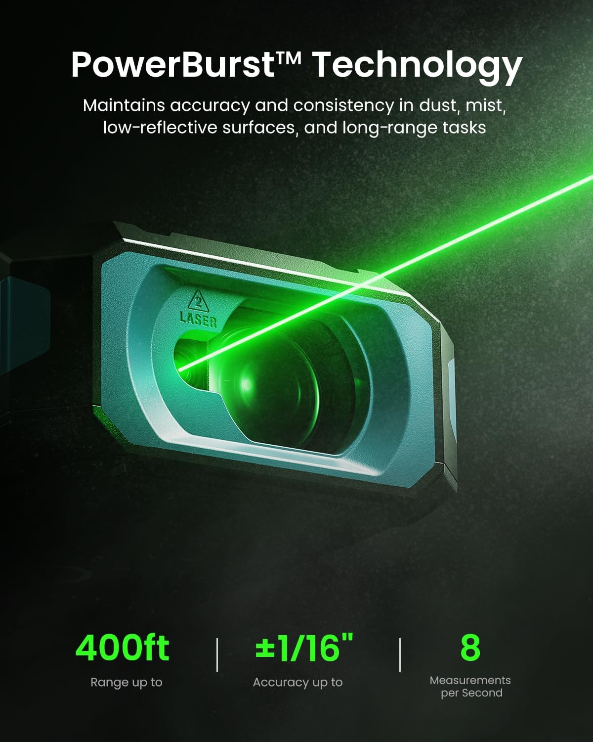 S50 Green-Beam Laser Distance Measure - 400ft Laser Measure, P2P, Side-Laser Alignment, Rechargeable, 2.4" IPS
