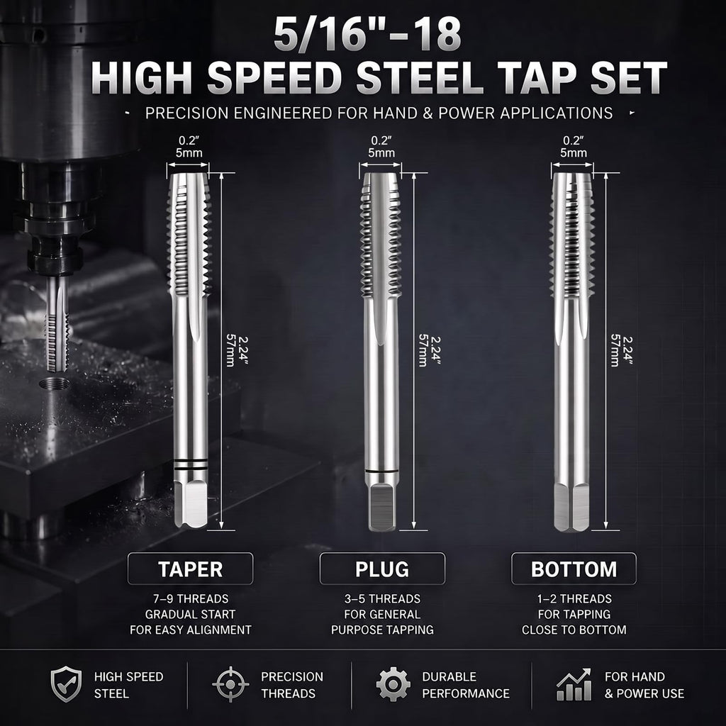 Gisafai 3 Pcs Hss Tap Set Taper Plug and Bottoming Hand Taps, 5/16"-18