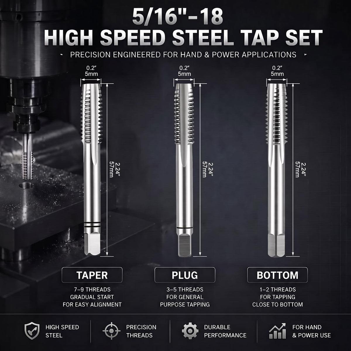 Gisafai 3 Pcs Hss Tap Set Taper Plug and Bottoming Hand Taps, 5/16"-18