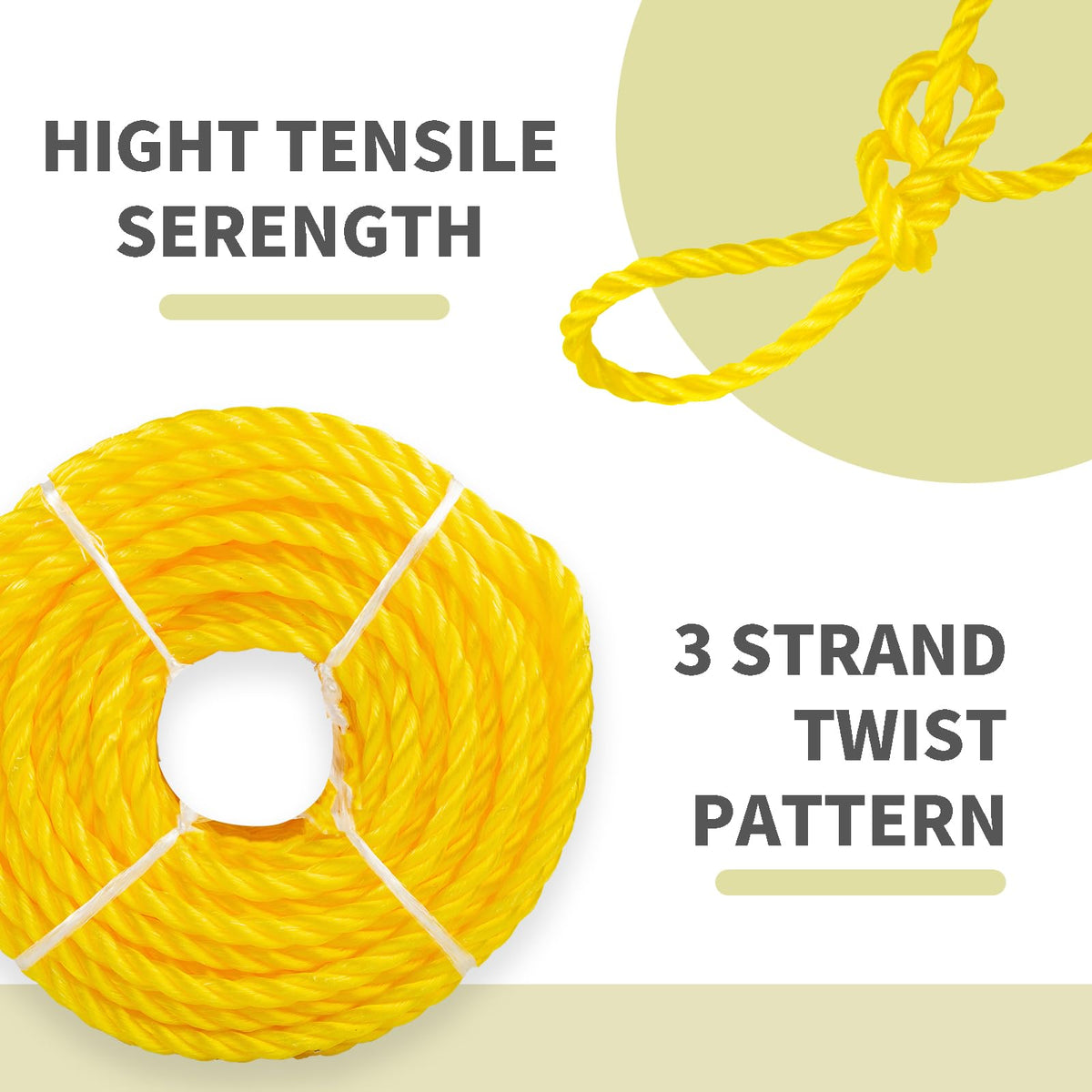 1/4 Inch × 50 FT Yellow Twisted Polypropylene Rope