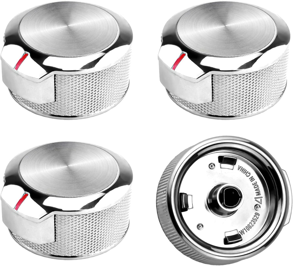 W10823529 Oven Range Control Knob - for Whirlpool KitchenAid Oven Range Stove Knob - Brushed Chrome Stainless Steel Finish - Replaces W11156487 AP6285576 EAP12347719 PS12347719 4546228-4 pcs