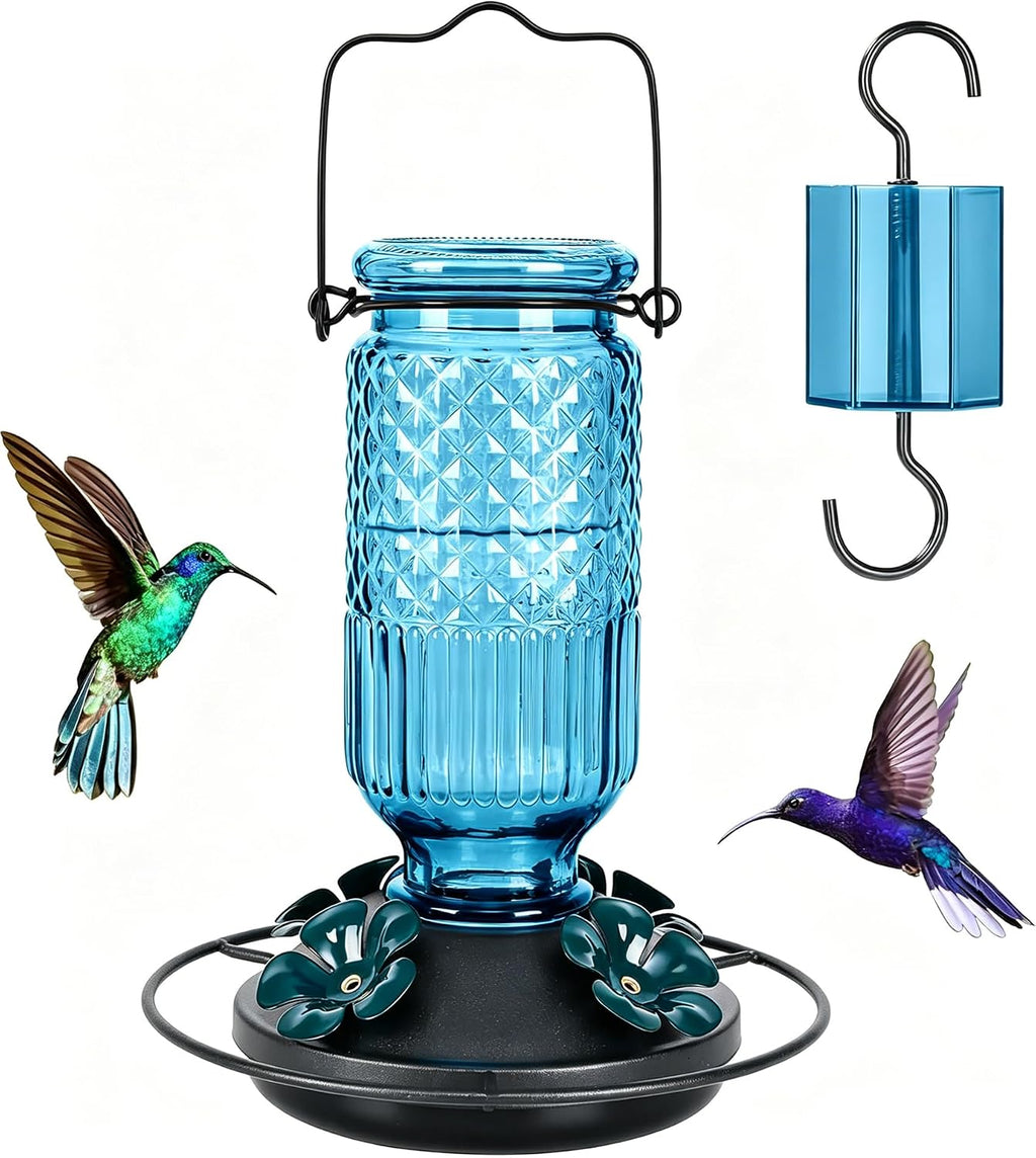 Glass Hummingbird Feeder for Outdoors Hanging, 16 OZ Humming Birds Feeders with 4 Bee Guard Feeding Ports & Built-in