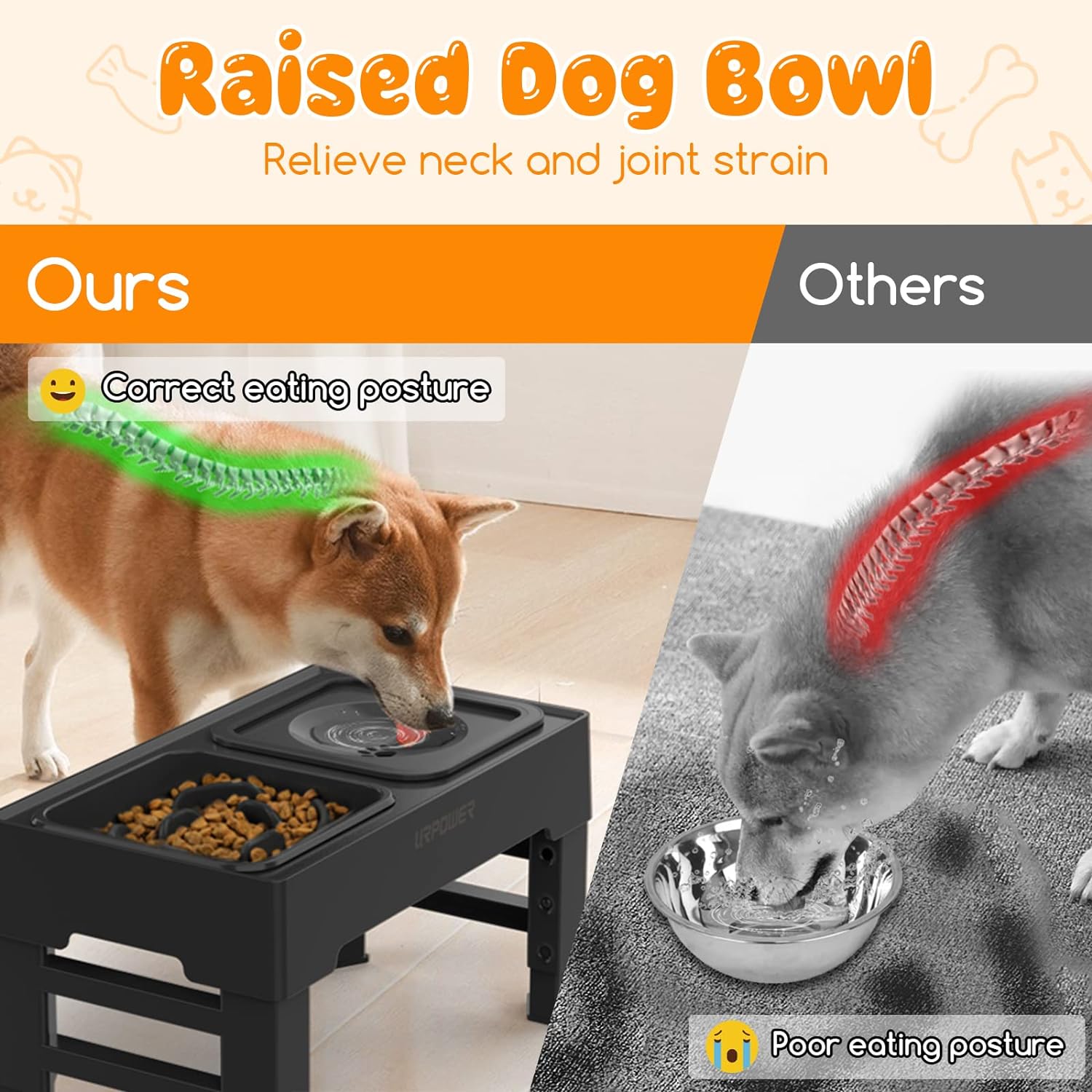 2-in-1 Elevated Slow Feeder Dog Bowls with No-Spill Water Bowl, 4 Height-Adjustable Raised Dog Bowls, Non-Slip Food