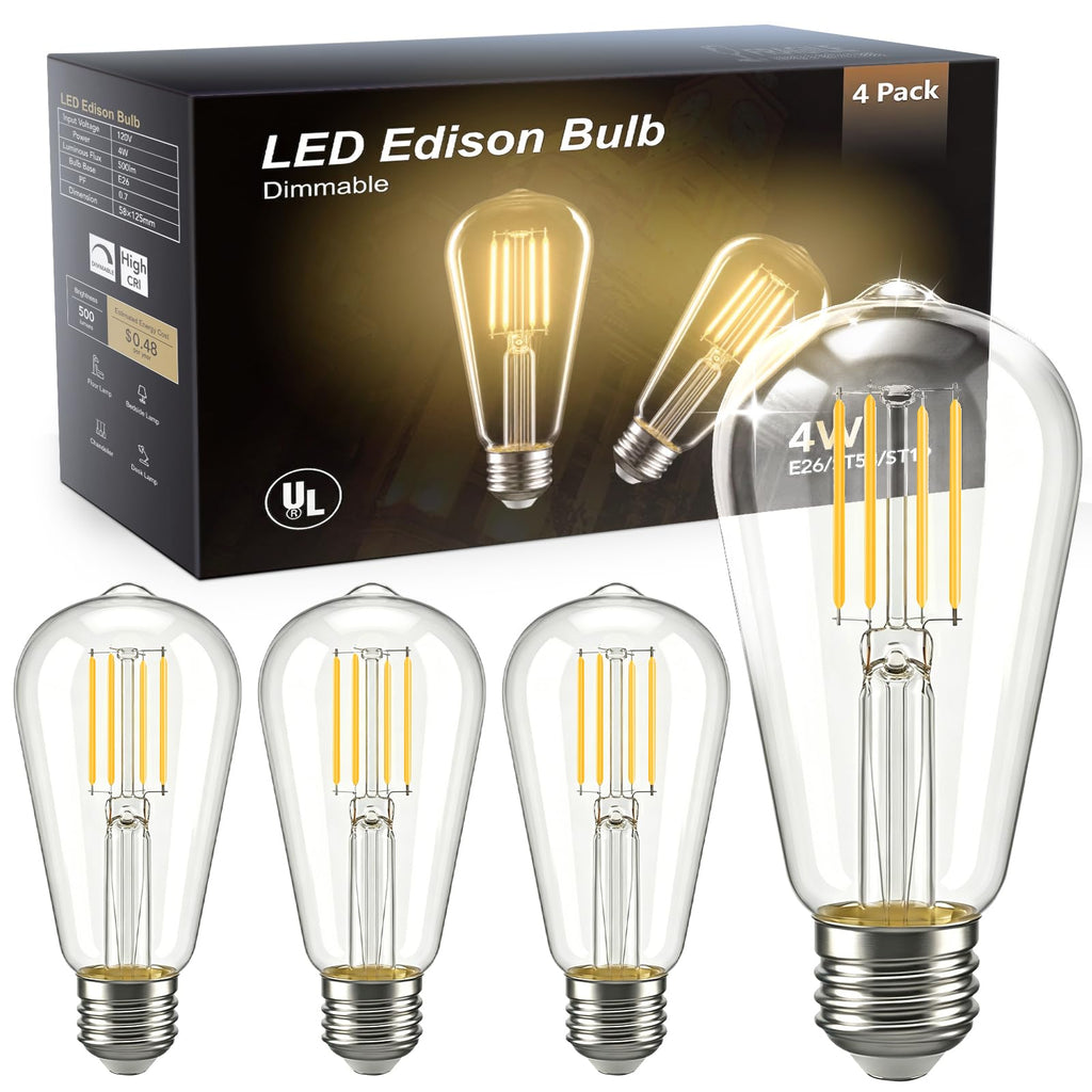 Vintage Edison LED Light Bulbs, 40W Equivalent E26 Dimmable, 4 Pack