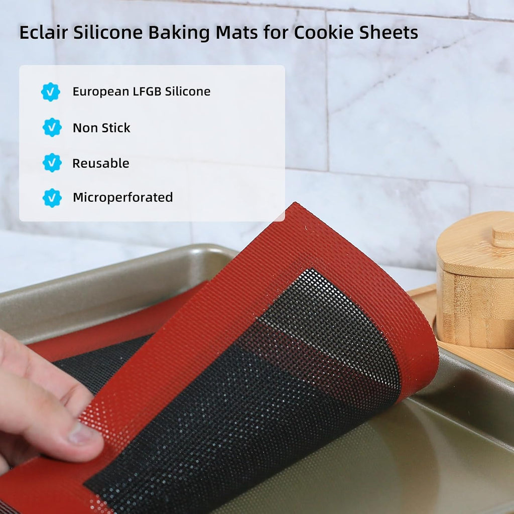 Perforated Silicone Baking Mats for Quarter Sheet, 2 Pcs Non-Stick Eclair Baking Mats for 9x13 Cookie Sheet, Reusable