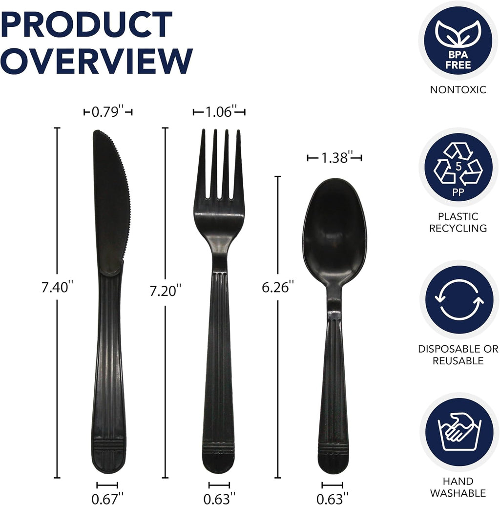 Individually Wrapped Heavy Duty Plastic Utensil Kits, 50 Sets for Party Catering, Fork/Spoon/Knife, Black
