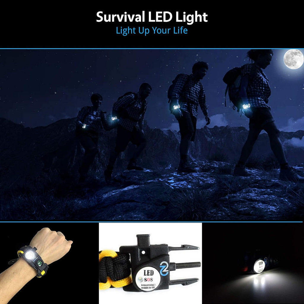 Survival Paracord Bracelet Set of 2 - SOS LED Light, Fire Starter, Compass, Whistle & Multitools - 550 Grade