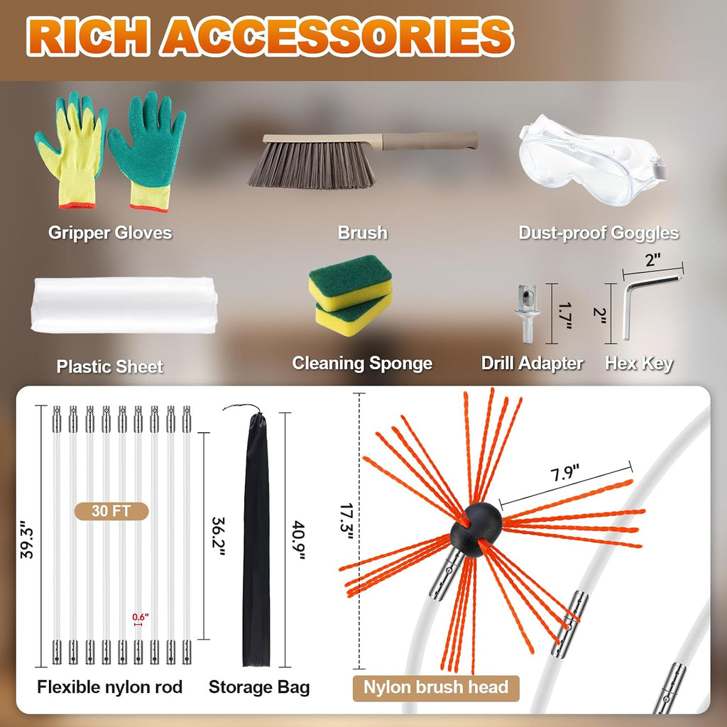 30FT Ergonomic Chimney Sweep Kit, Strong Brush & 9 Flexible Rods