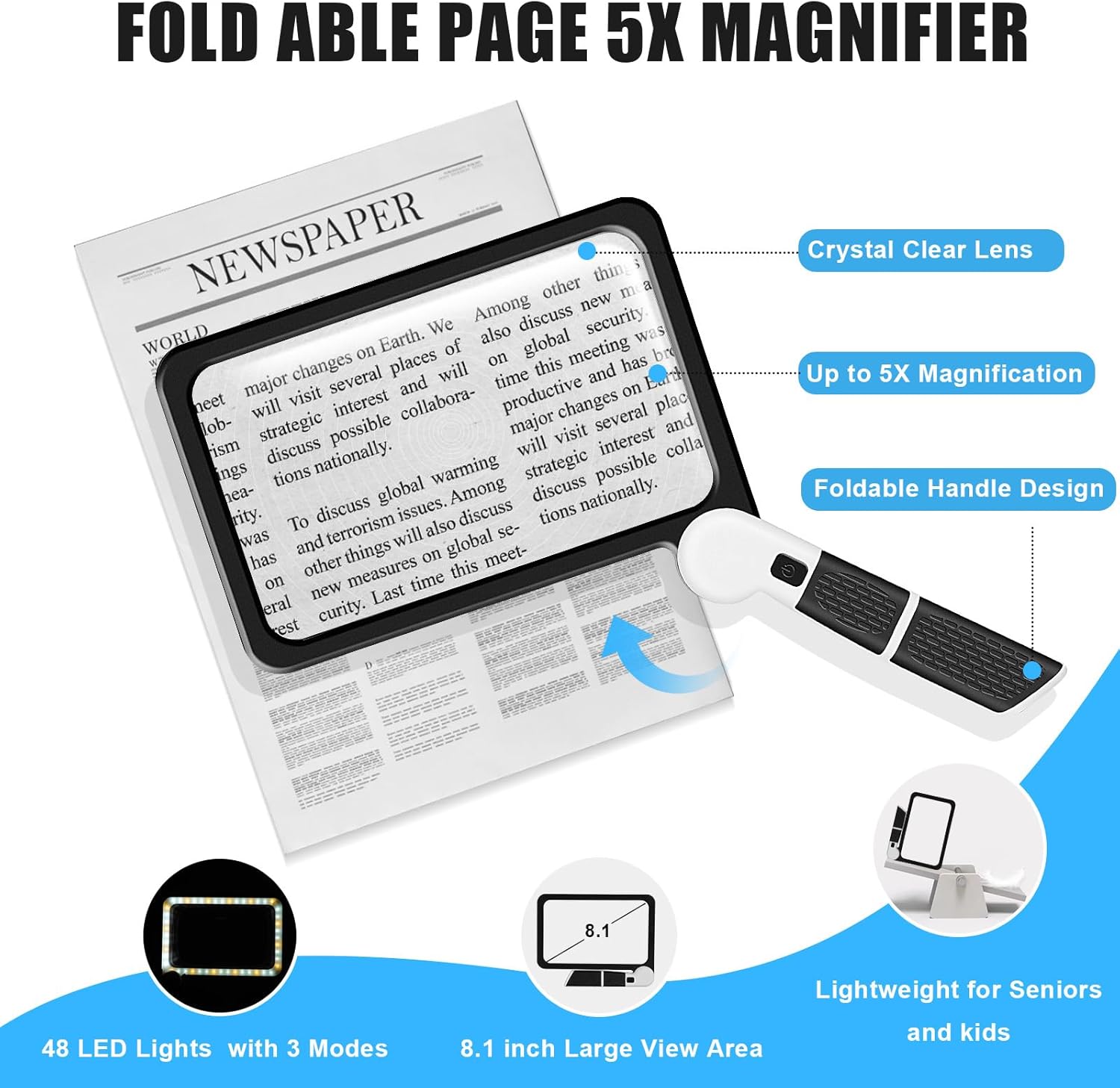 5X Handheld Magnifier for Page Reading - Large Folding Lighted Magnifier with 48 LED Lights (3Modes), Rectangular