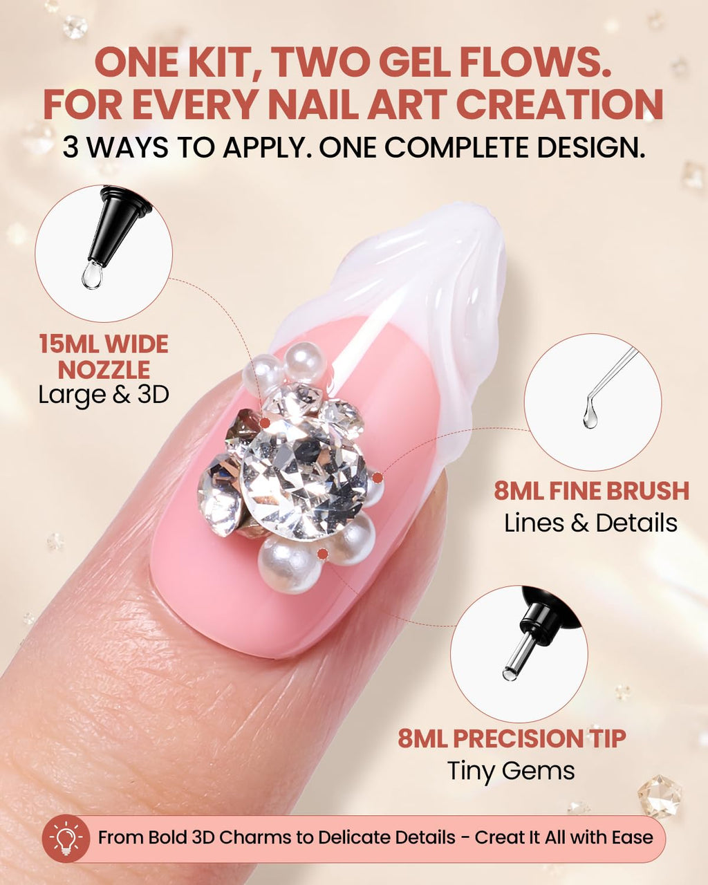 Nail Rhinestone Glue Kit, Strong Hold UV/LED Gel, 15ml + 8ml