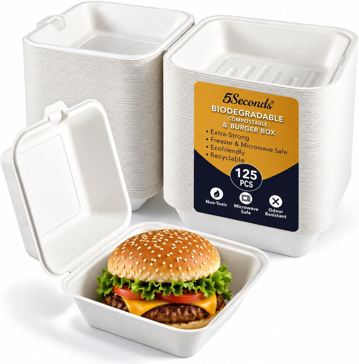 6x6 Compostable Burger Boxes, Biodegradable, 125 Pack