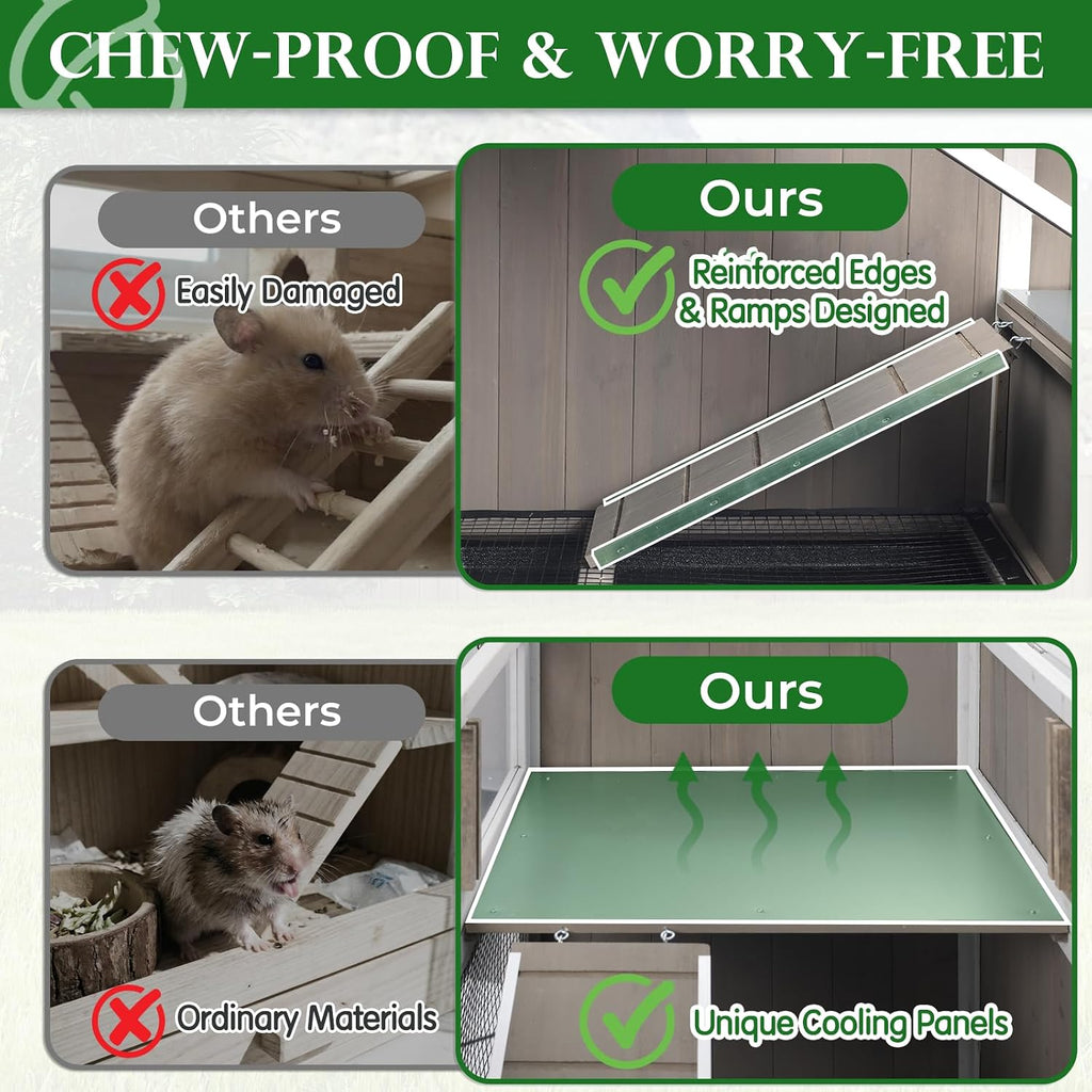 3-Story Guinea Pig Cage with Stand, Wooden Indoor Habitat | Chew-Resistant Edges, Pull-Out Cleaning Tray, Open Roof