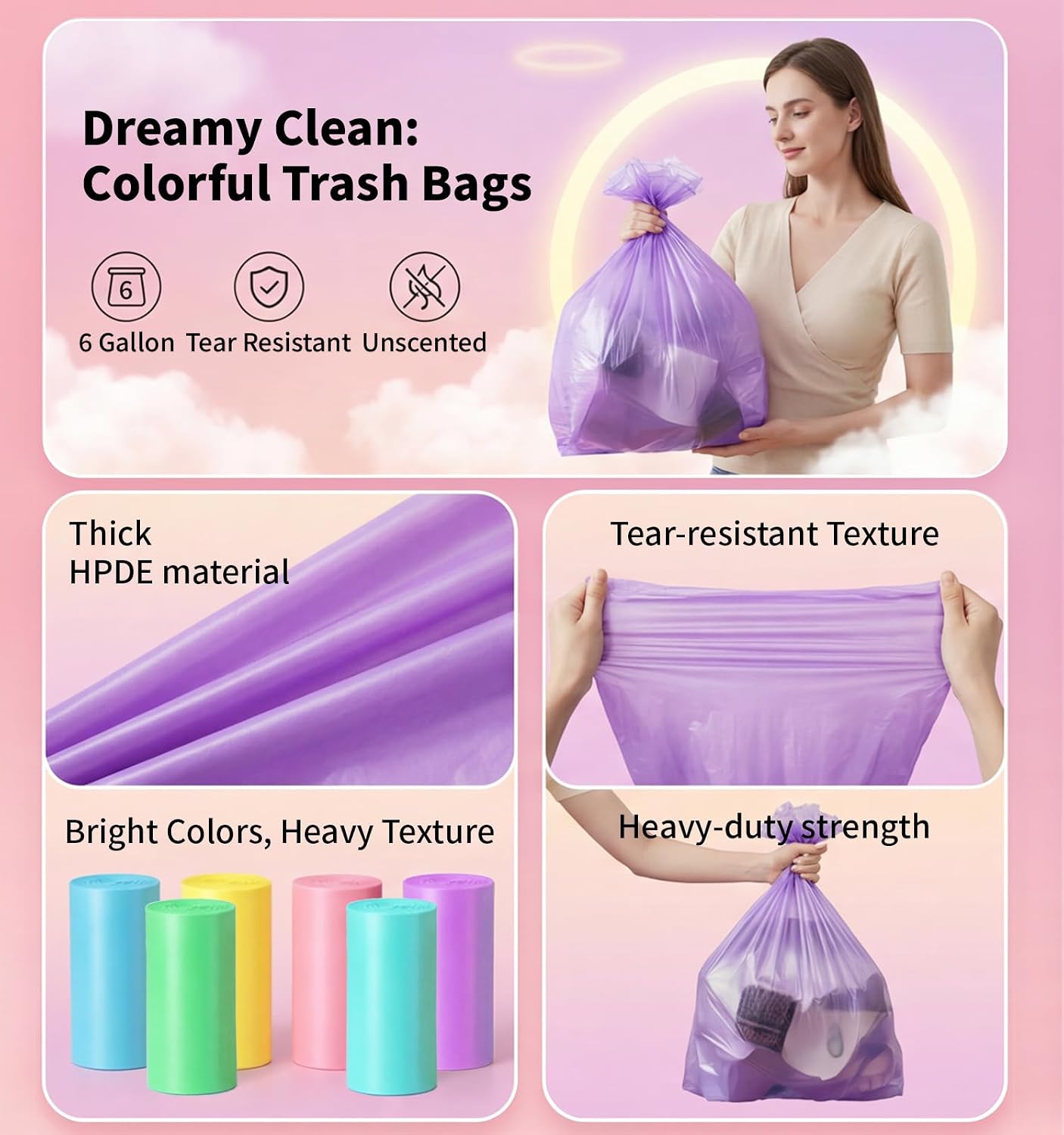 Medium 6 Gallon Trash Bags Unscented, 0.94 Mil, Colored, 300 Count | 22 Liter Garbage Bag, Plastic Waste Basket Can