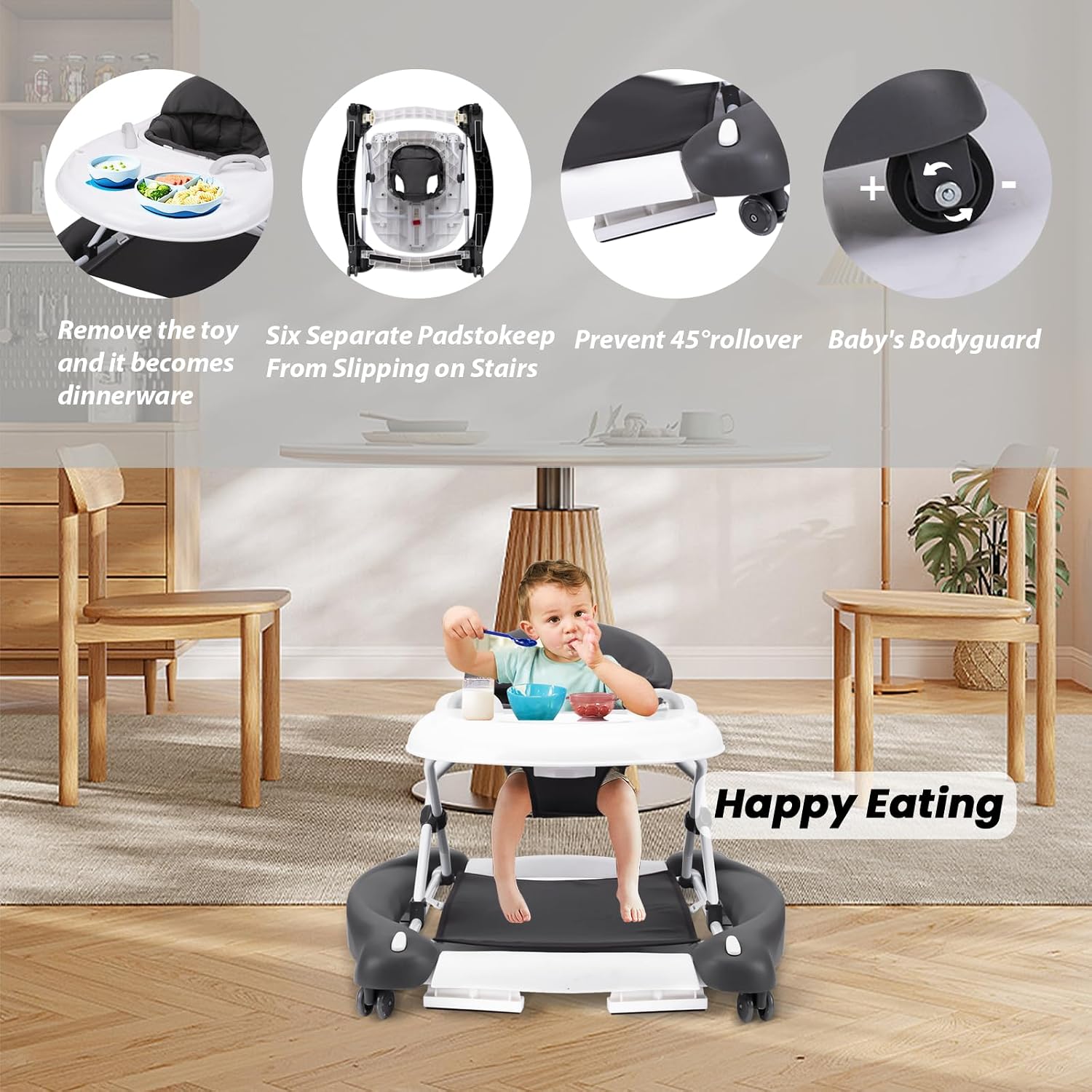 Baby Walker, 5-in-1 Baby Walkers for Boys and Girls 6-12 Months with Bouncer, Removable Footrest, Feeding Tray &