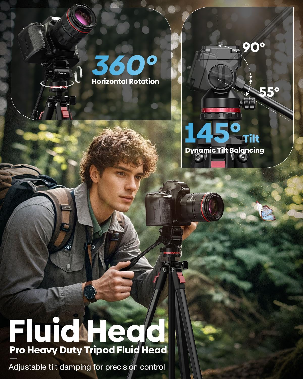 68" Heavy Duty Tripod, Video Tripod with Fluid Head | Aluminum Camera Tripod, 1/4" Smooth Pan/Tilt Head for