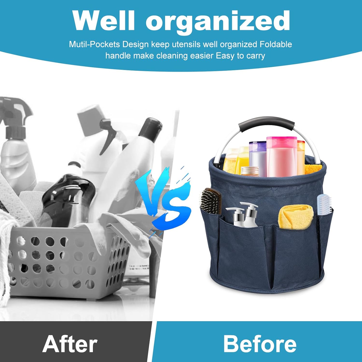 17L Cleaning Caddy with Handle, Cleaning Supply Caddy Foldable Tool Bag Cleaning Products Organizers Portable