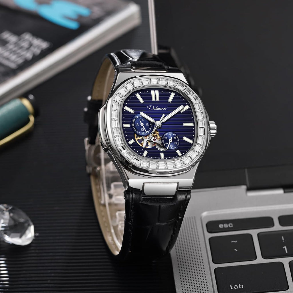 Dulunwe Men‘s Watches Mechanical Automatic Winding Elegant Luxury Leather Wristwatch with Square Analog Chronograph