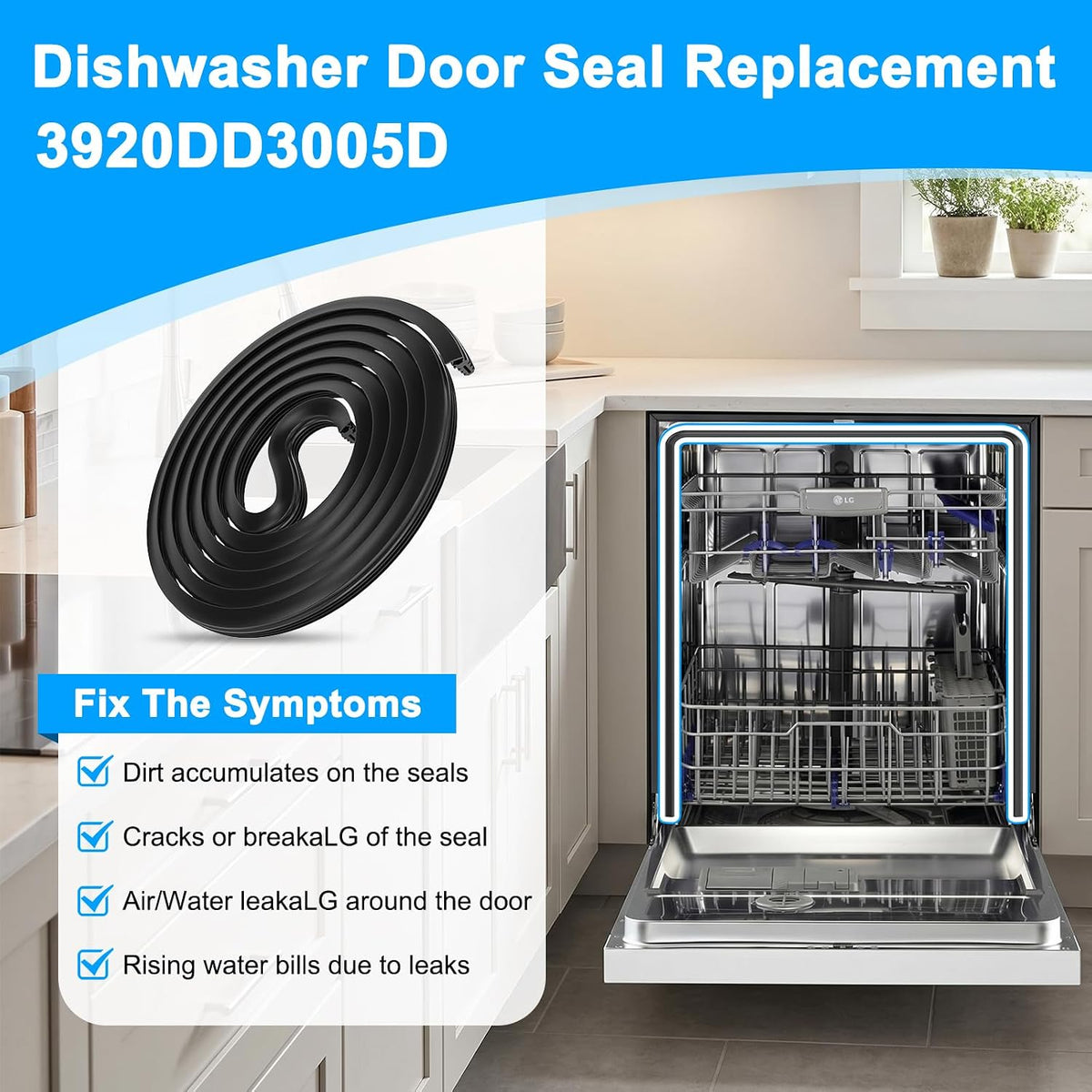 Upgraded 3920DD3005D Dishwasher Door Seal Gasket Compatible with LG Dishwasher Door Seal Replacement Parts LDF5545SS LDF5545ST LDF5545WW Kenmore Dishwasher Door gasket