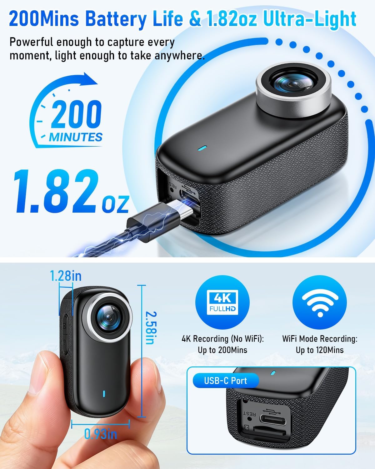 4K Mini Action Camera with 1.47" Screen, Wearable Body Camera, Small Camera with Magnetic Clip, Thumb Size Cam with