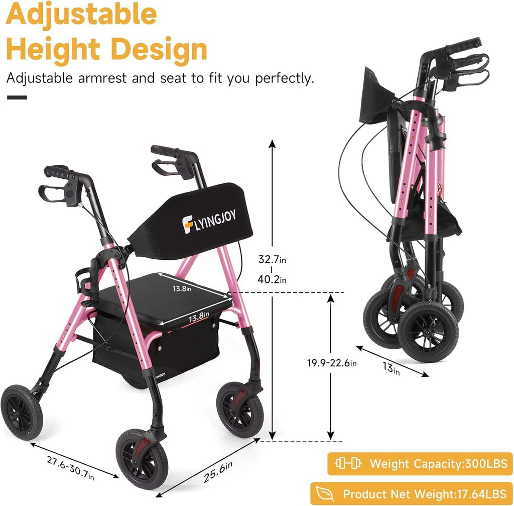 Lightweight Rollator Walker with Seat & Backrest - Foldable Mobility Aid for Seniors, 8" Large Airless Tires