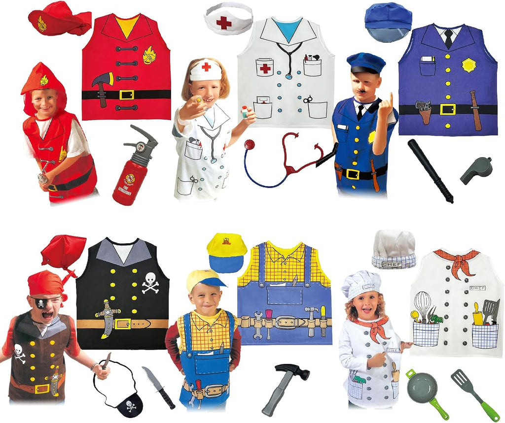 6 Sets Dress Up Trunk for Kids, Pretend Halloween Costumes includes Fireman/Doctor/Police/Pirate/Workerman/Chef