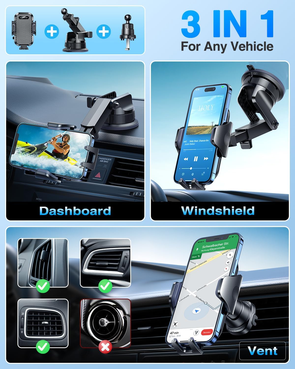 [True Military-Grade] Car Phone Holder VANMASS [Upgraded Strongest Suction&Clip] Cell Phone Mount for Dashboard