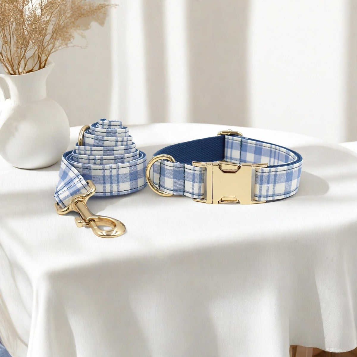 PETDURO Personalized Dog Collar Navy Blue Plaid for Large Medium Dogs