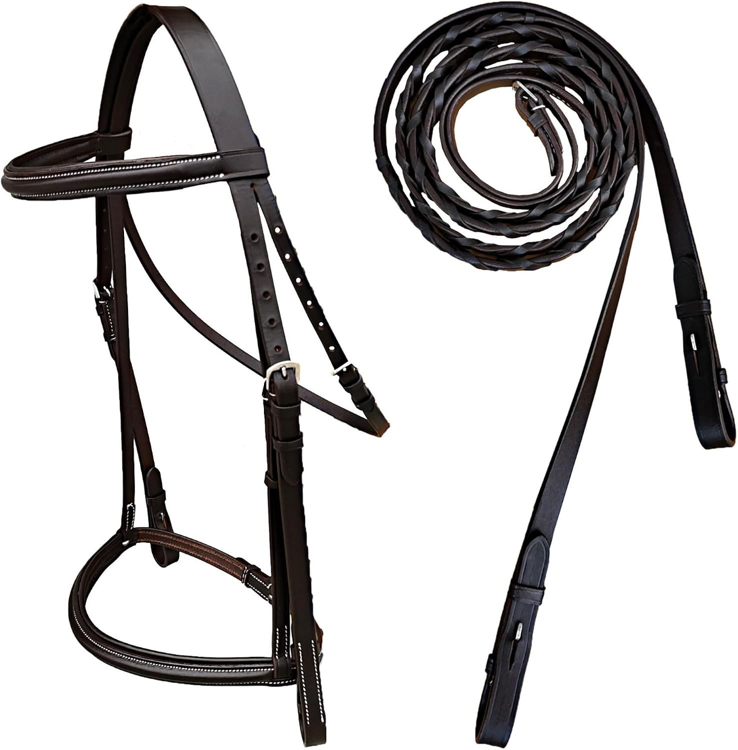 Padded Raised English Bridle, Premium Leather, Matching Laced Reins