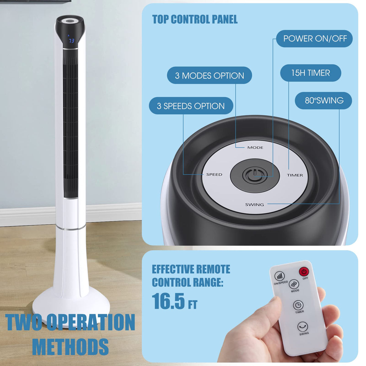 Tower Fan 48 Inch, 80° Oscillating Fan with Remote Control