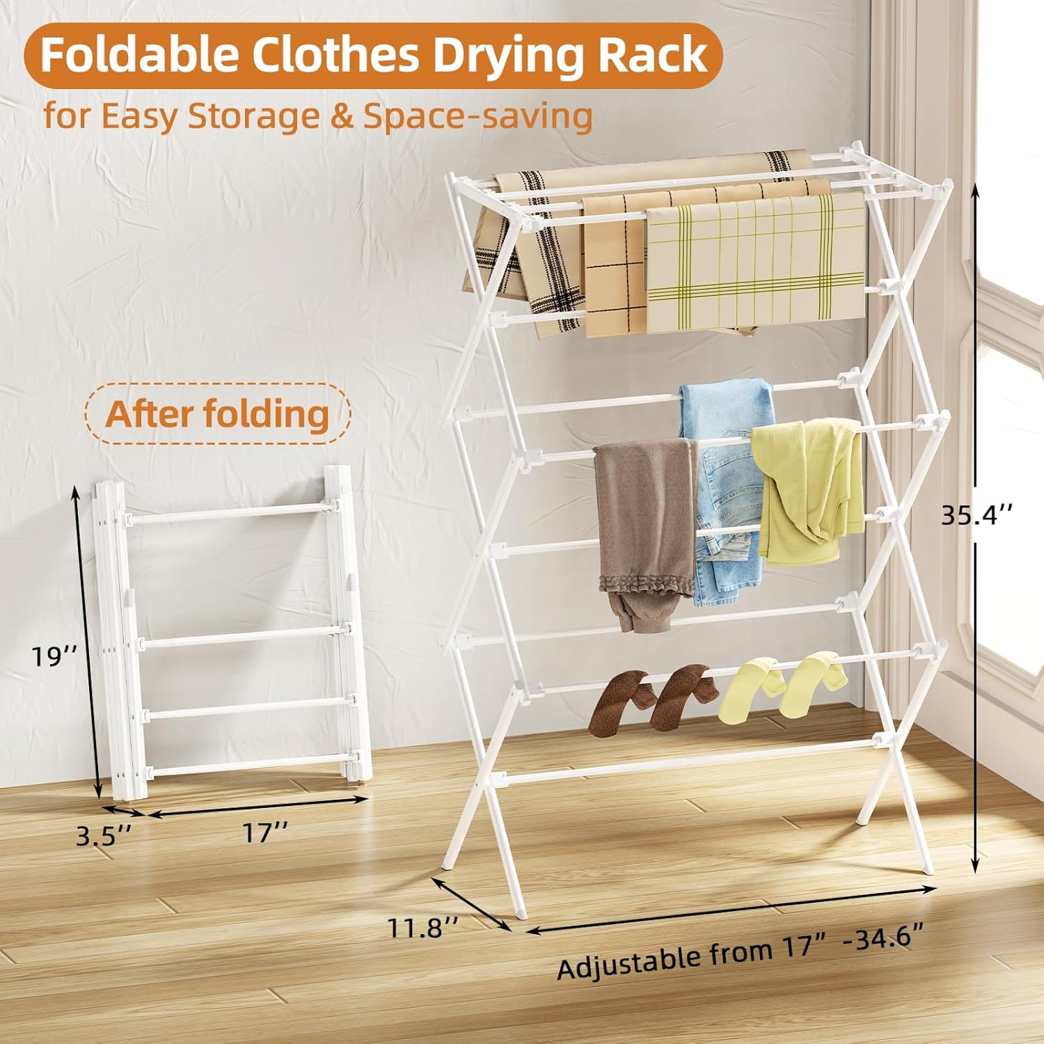 Drying Rack Clothing, 3-Tier Clothes Drying Rack Foldable, Antirust Laundry Drying Rack Collapsible Use for Indoor &