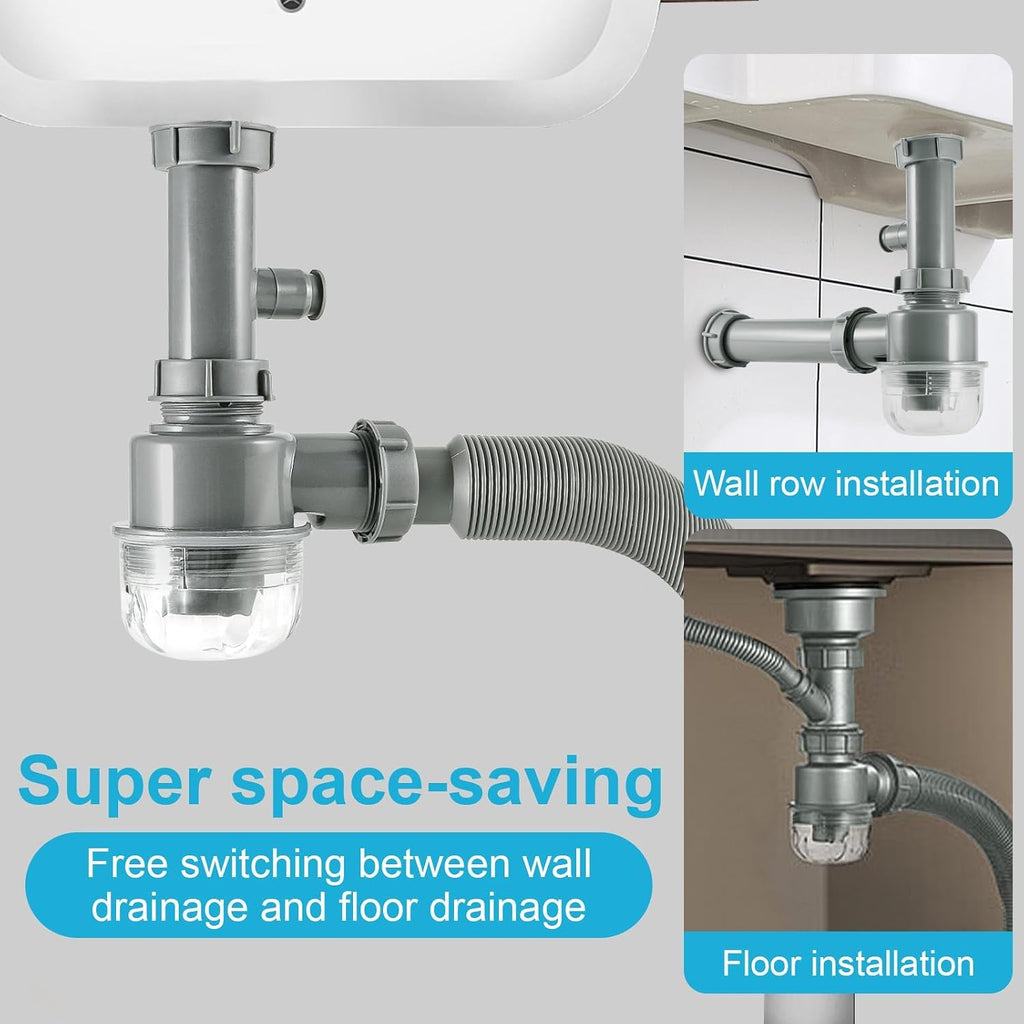 Kitchen Sink P-Trap Kit, 1-1/2 Inch Adjustable Drain Pipe with Flexible & Straight Pipes, Dishwasher Connection