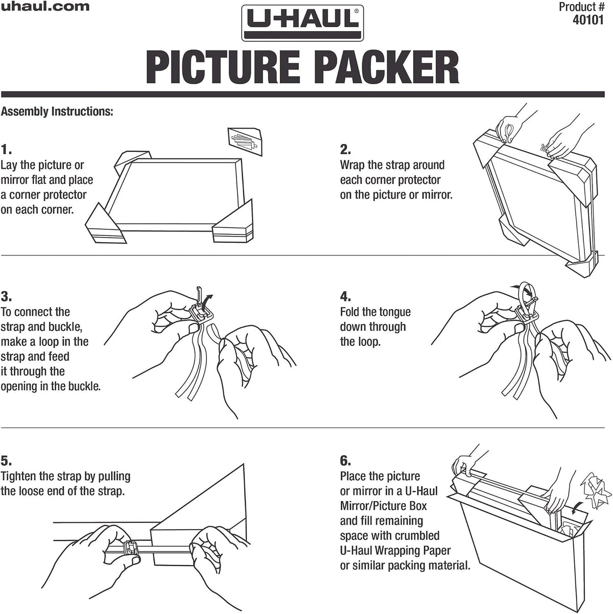 Picture Packer Kit - 4 Corner Protectors for Picture Frames & Mirrors - Includes 17' Securing Strap