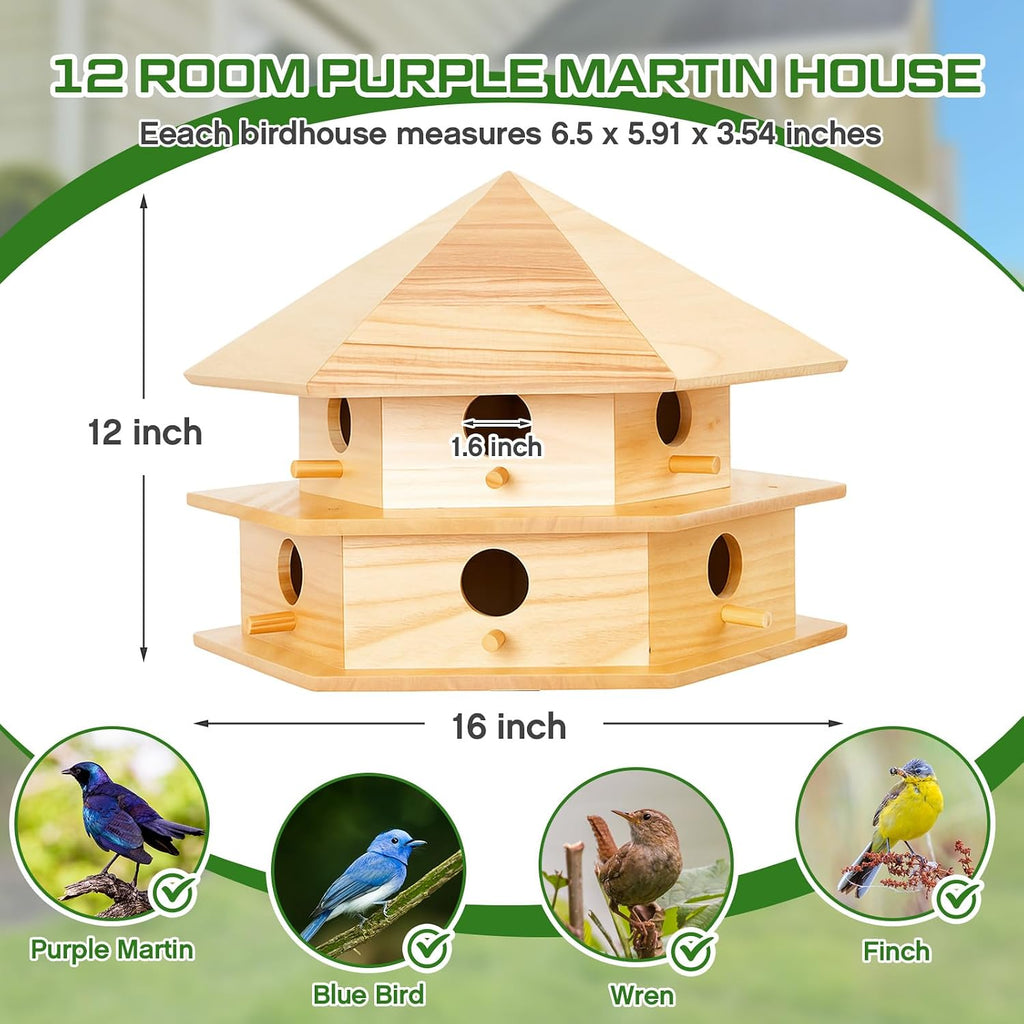 Purple Martin House, 12 Room Martin BirdHouses for Outside, Sycamore Wood Construction & Waterproof(Wood Color,16.54