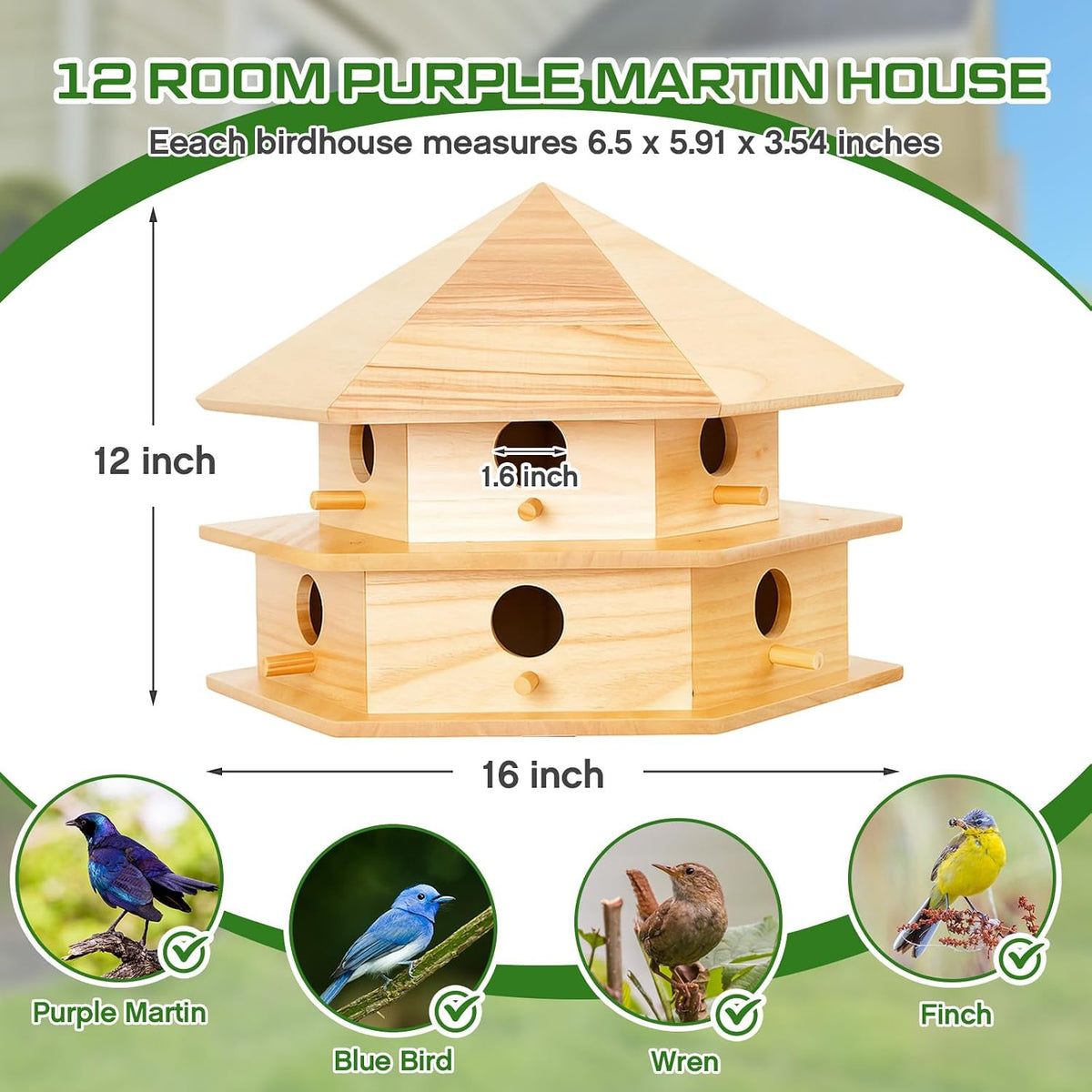 Purple Martin House, 12 Room Martin BirdHouses for Outside, Sycamore Wood Construction & Waterproof(Wood Color,16.54