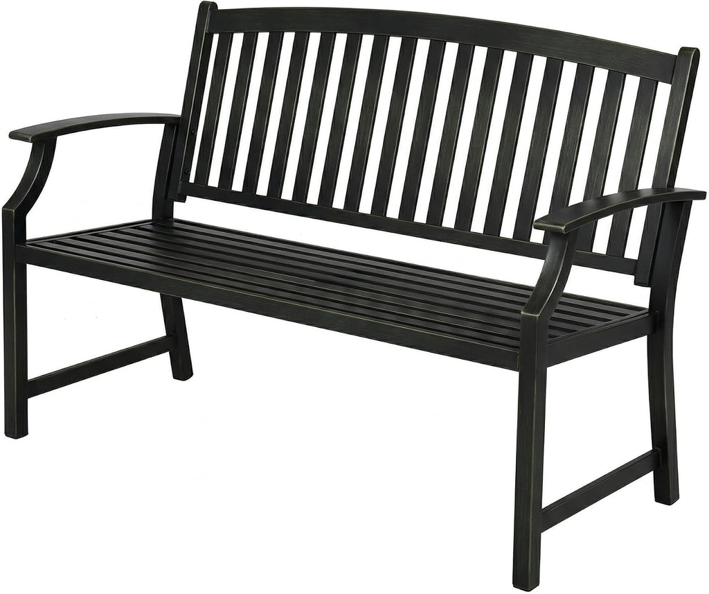 52" Farmhouse Outdoor Bench with Armrest, Black & Gold | Anti-rust Aluminum Frame, Faux Wood Grain Finish