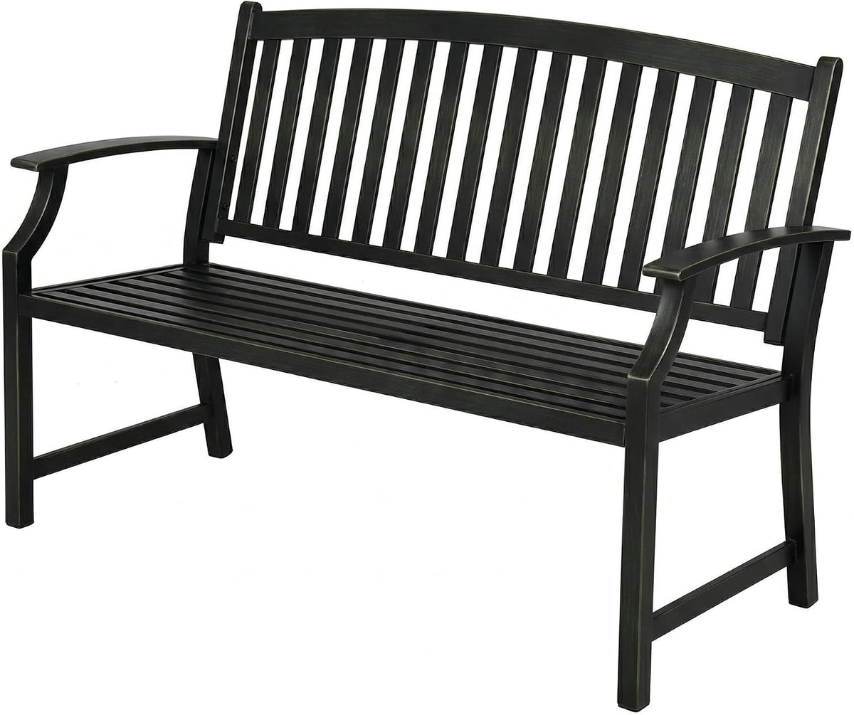 52" Farmhouse Outdoor Bench with Armrest, Black & Gold | Anti-rust Aluminum Frame, Faux Wood Grain Finish