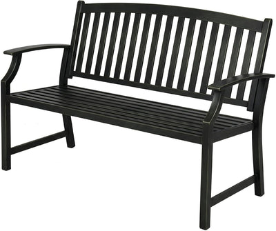 52" Farmhouse Outdoor Bench with Armrest, Black & Gold | Anti-rust Aluminum Frame, Faux Wood Grain Finish