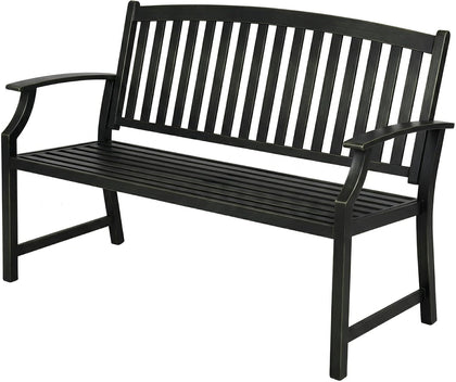52" Farmhouse Outdoor Bench with Armrest, Black & Gold | Anti-rust Aluminum Frame, Faux Wood Grain Finish
