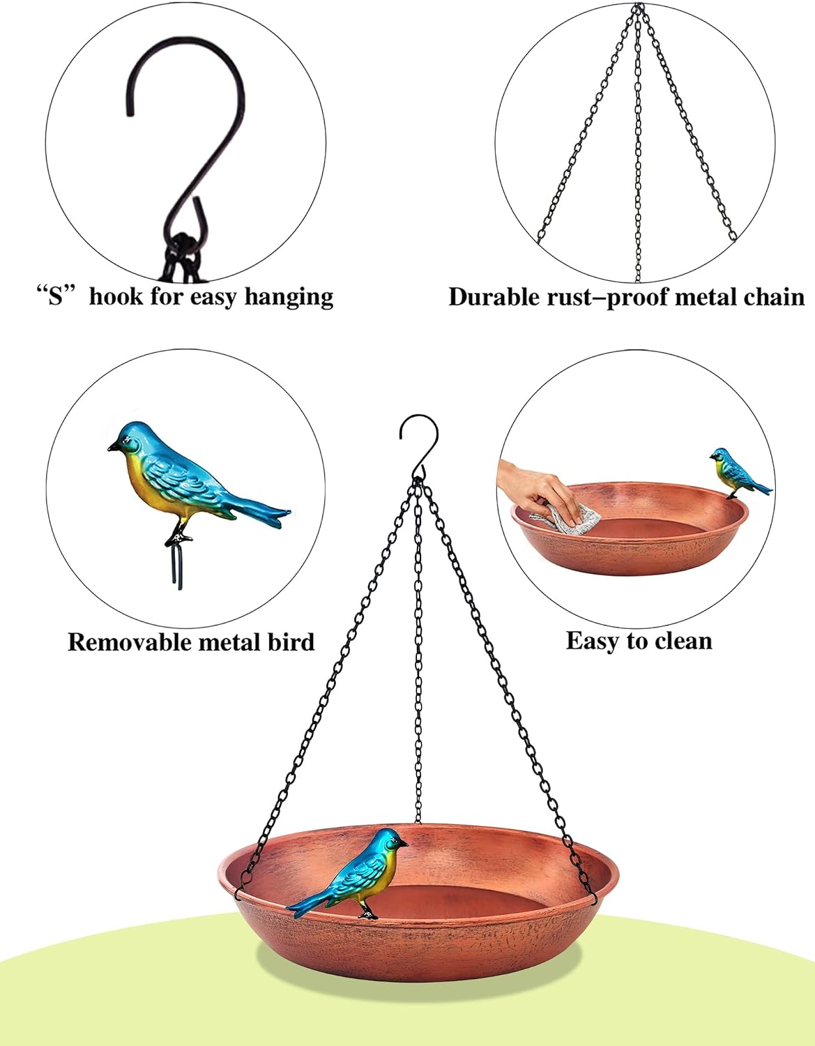 Hanging Bird Bath & Feeder Outdoor, 11" Antique Copper Metal Birdbath Bowl