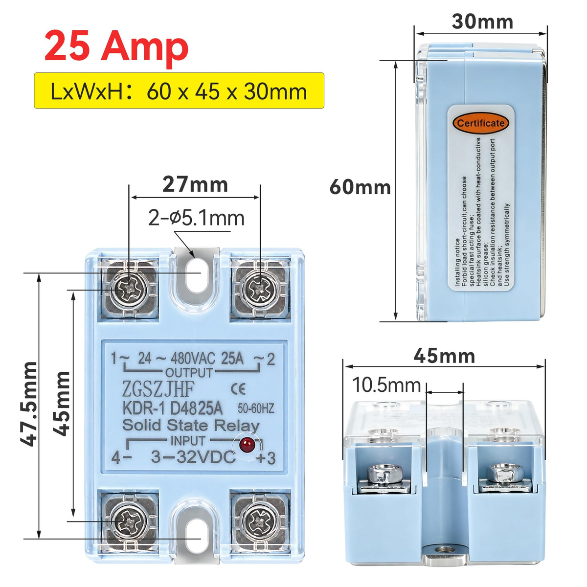 Solid State Relay DC to AC 3-32VDC Input, 24-480VAC Output with Aluminum Heat Sink, Thermal Grease, Flame Retardant PC Shell, Single Phase 25A ﻿