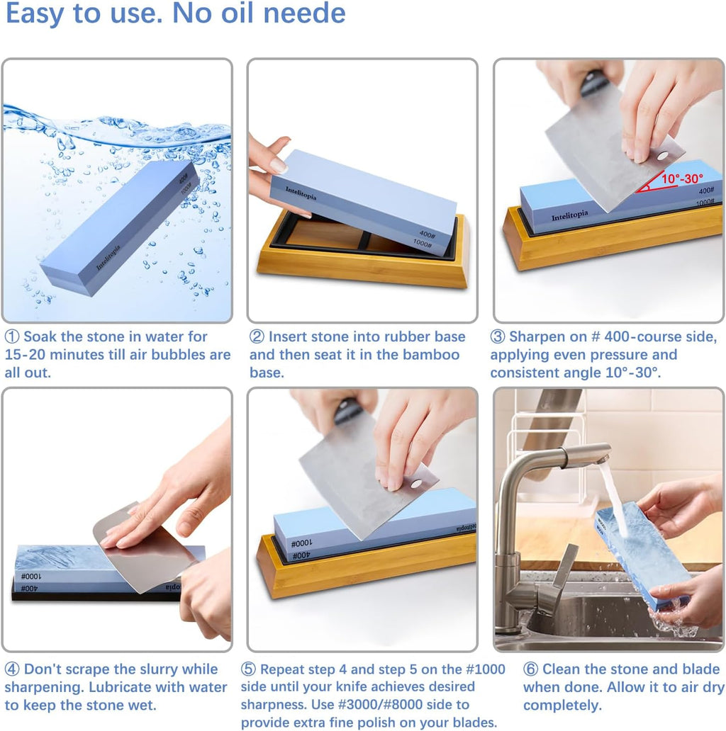 Complete Knife Sharpening Stone Set – Dual Grit Whetstone 400/1000 3000/8000 Knife Sharpener with Leather Strop