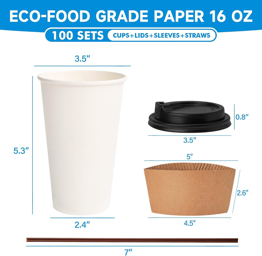 16 oz Paper Coffee Cups with Lids, Sleeves and Stirrers, 100 Pack