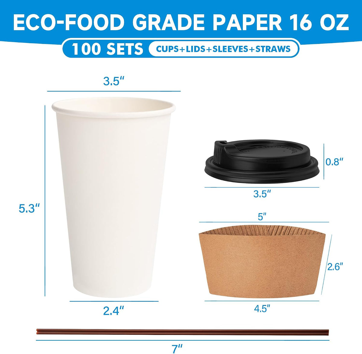 16 oz Paper Coffee Cups with Lids, Sleeves and Stirrers, 100 Pack