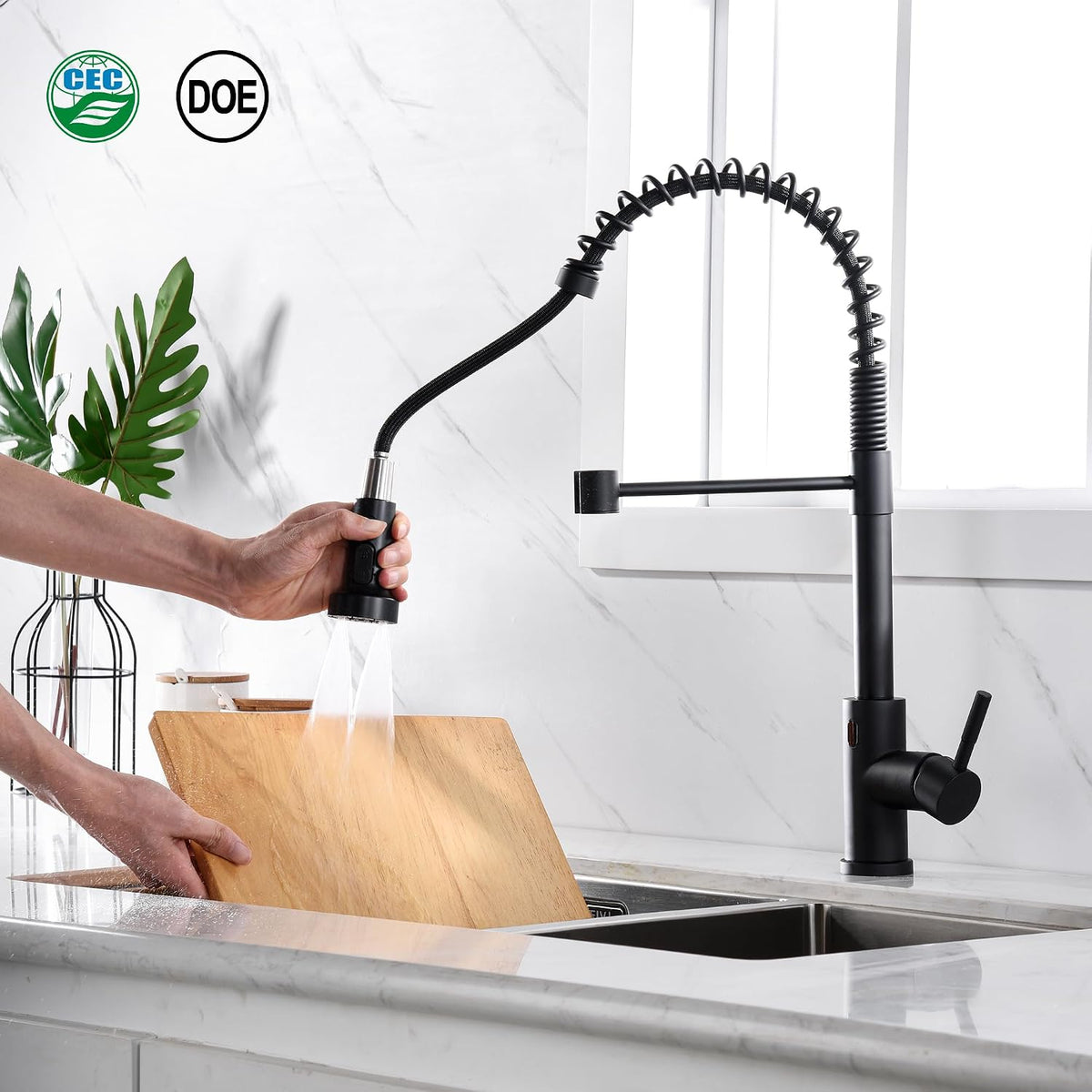 Kitchen Faucet Head Replacement Black, with 15 Adapters Plastic Pull Down Faucet Spray Head, 3 Modes Pull Out Kitchen