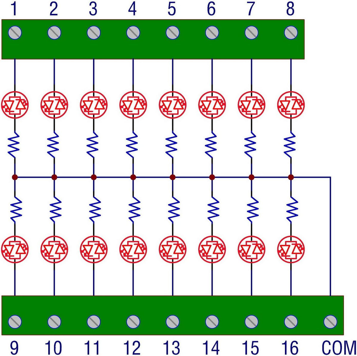 DIN Rail Mount 16 LEDs Indicator Light Module, Support 5~50VDC Common Positive/Negative (Red)
