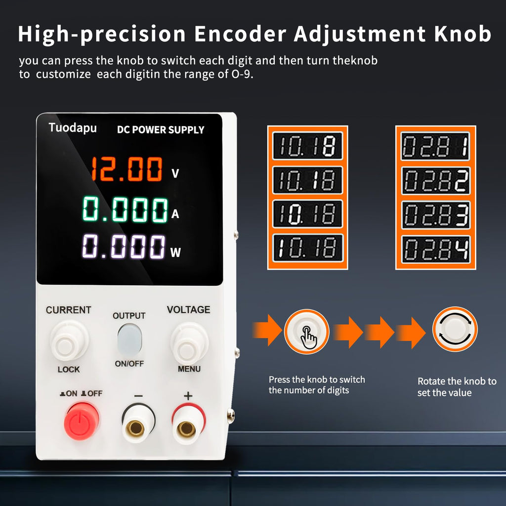 DC Power Supply Variable, Bench Power Supply with Encoder Adjustment Knob,Switching Bench with 20W USB & Type-C Quick-Charge (62V 5A)
